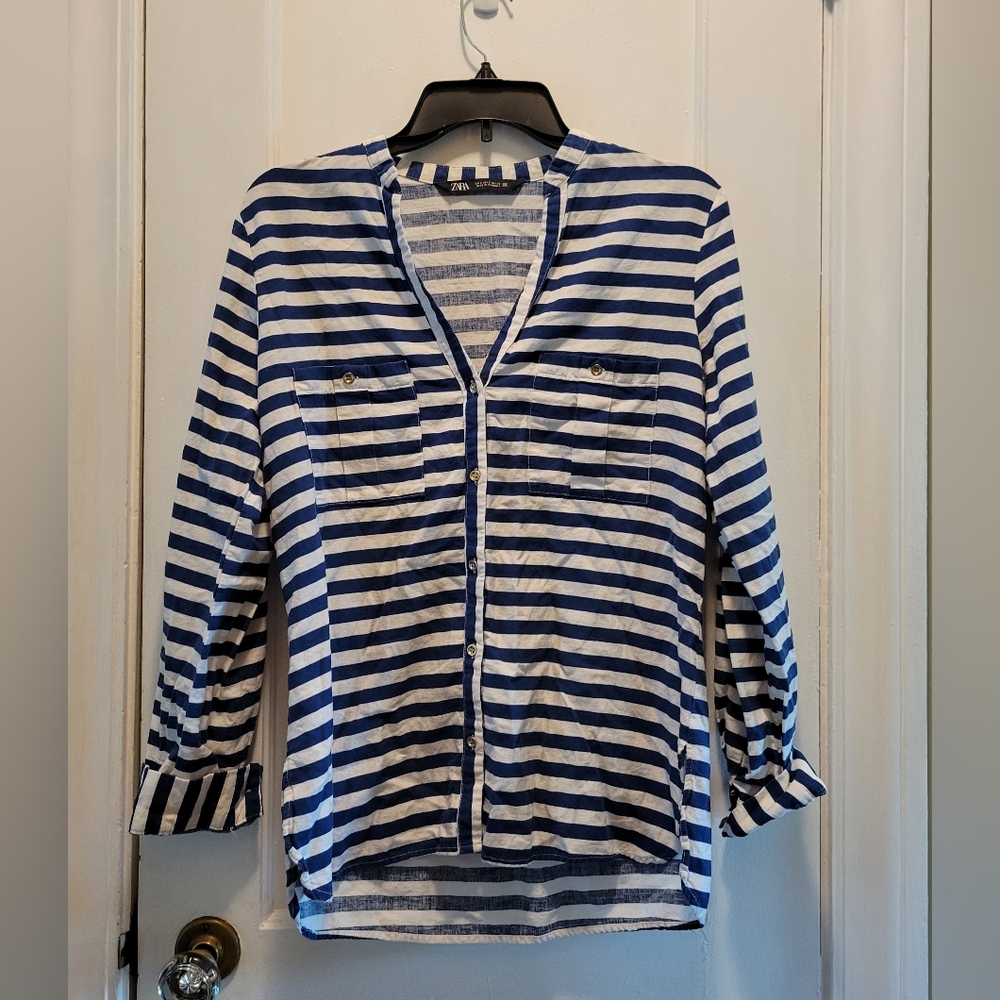Zara Blue And White Striped Button Up Top Women's Size S